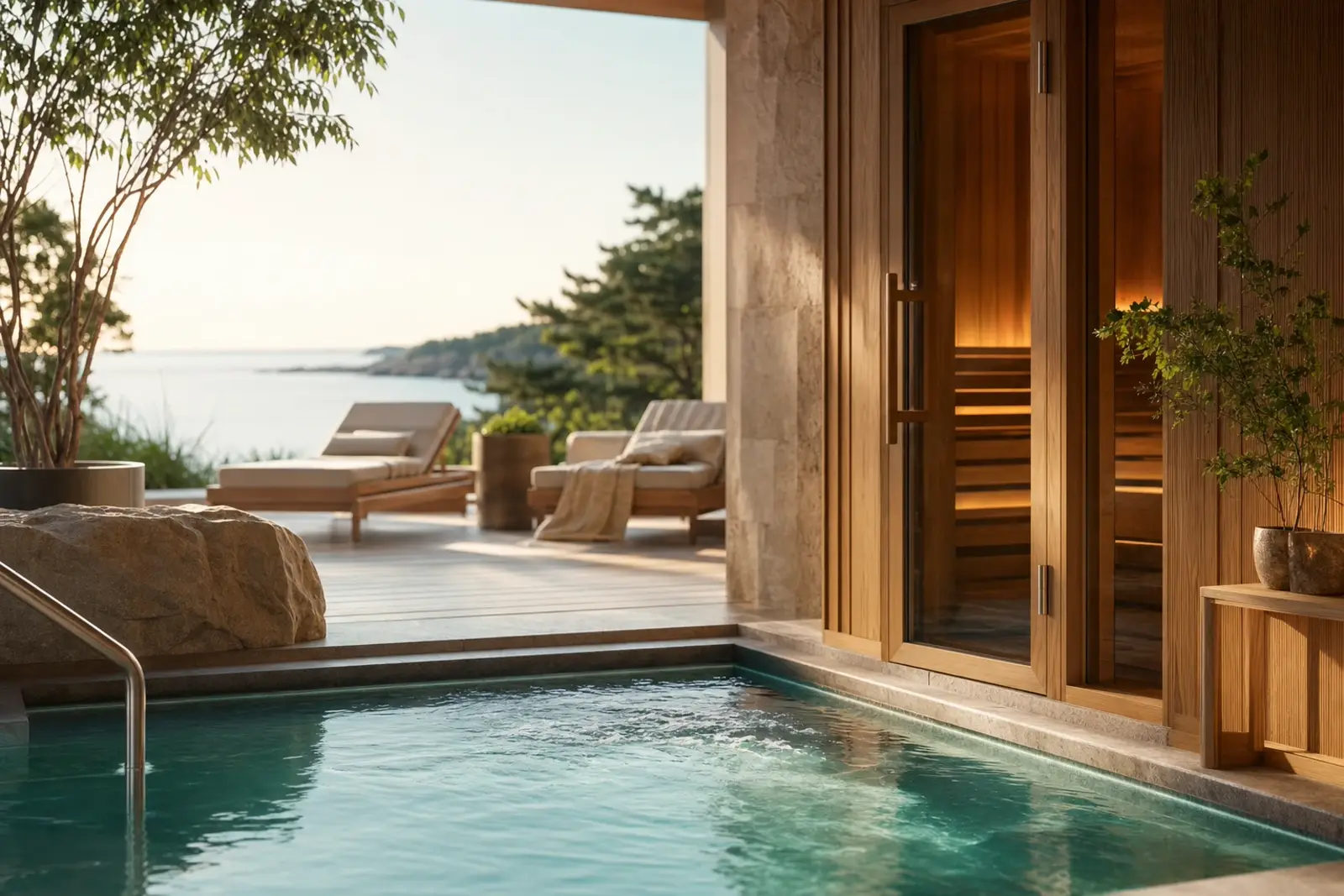 The Sapphire Bay spa pool at dusk